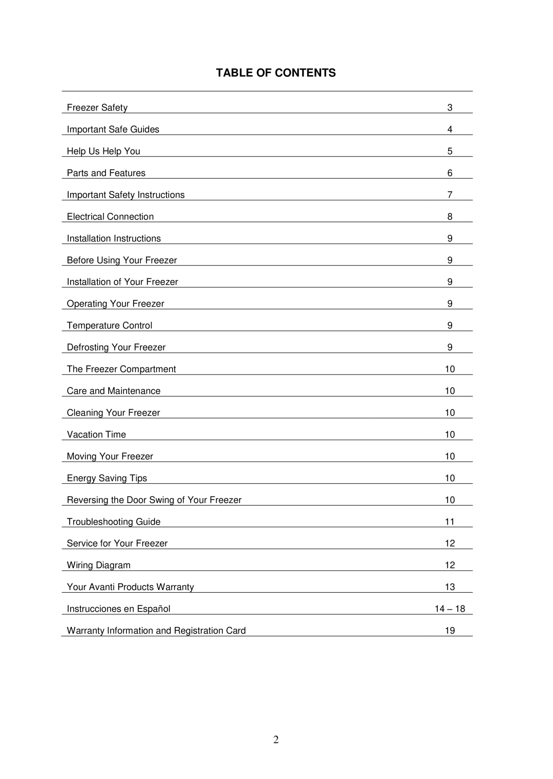 Avanti VF306 instruction manual Table of Contents 