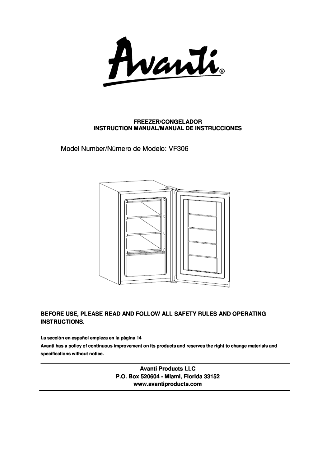 Avanti instruction manual Model Number/Número de Modelo VF306, Freezer/Congelador, Avanti Products LLC 