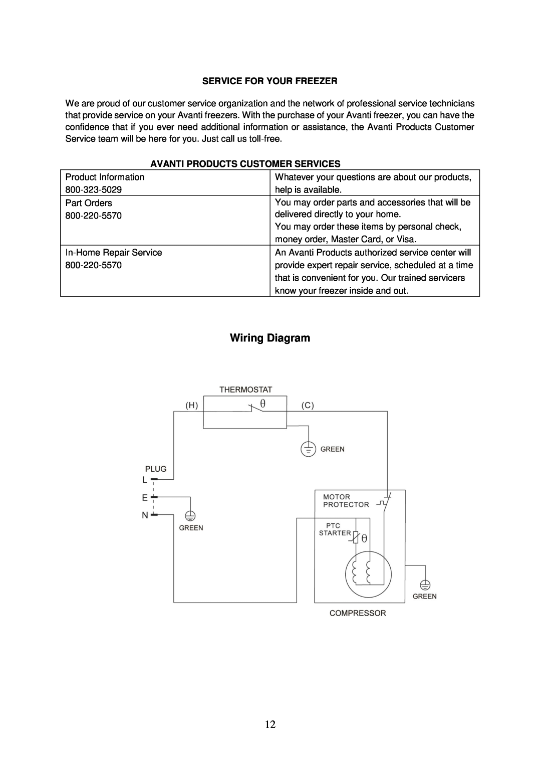 Avanti VF306 instruction manual Wiring Diagram, Service For Your Freezer, Avanti Products Customer Services 