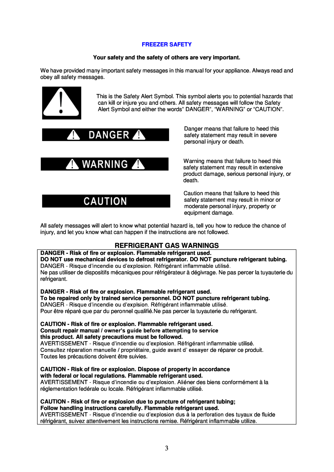 Avanti VF306 instruction manual Refrigerant Gas Warnings, Freezer Safety 