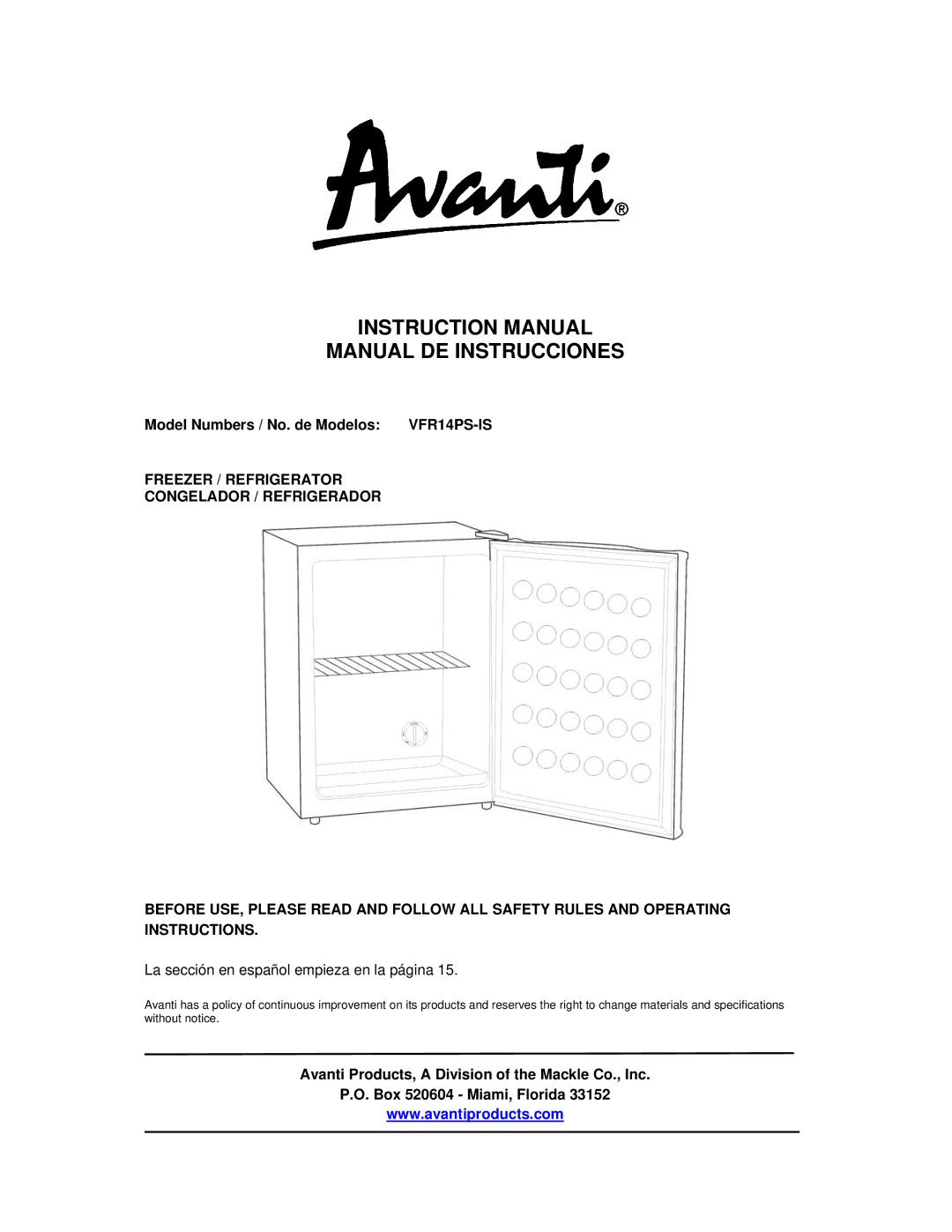 Avanti VFR14PS-IS instruction manual Manual DE Instrucciones, Model Numbers / No. de Modelos 