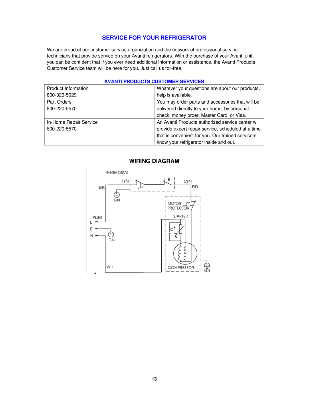 Avanti VFR14PS-IS instruction manual Service for Your Refrigerator, Wiring Diagram 