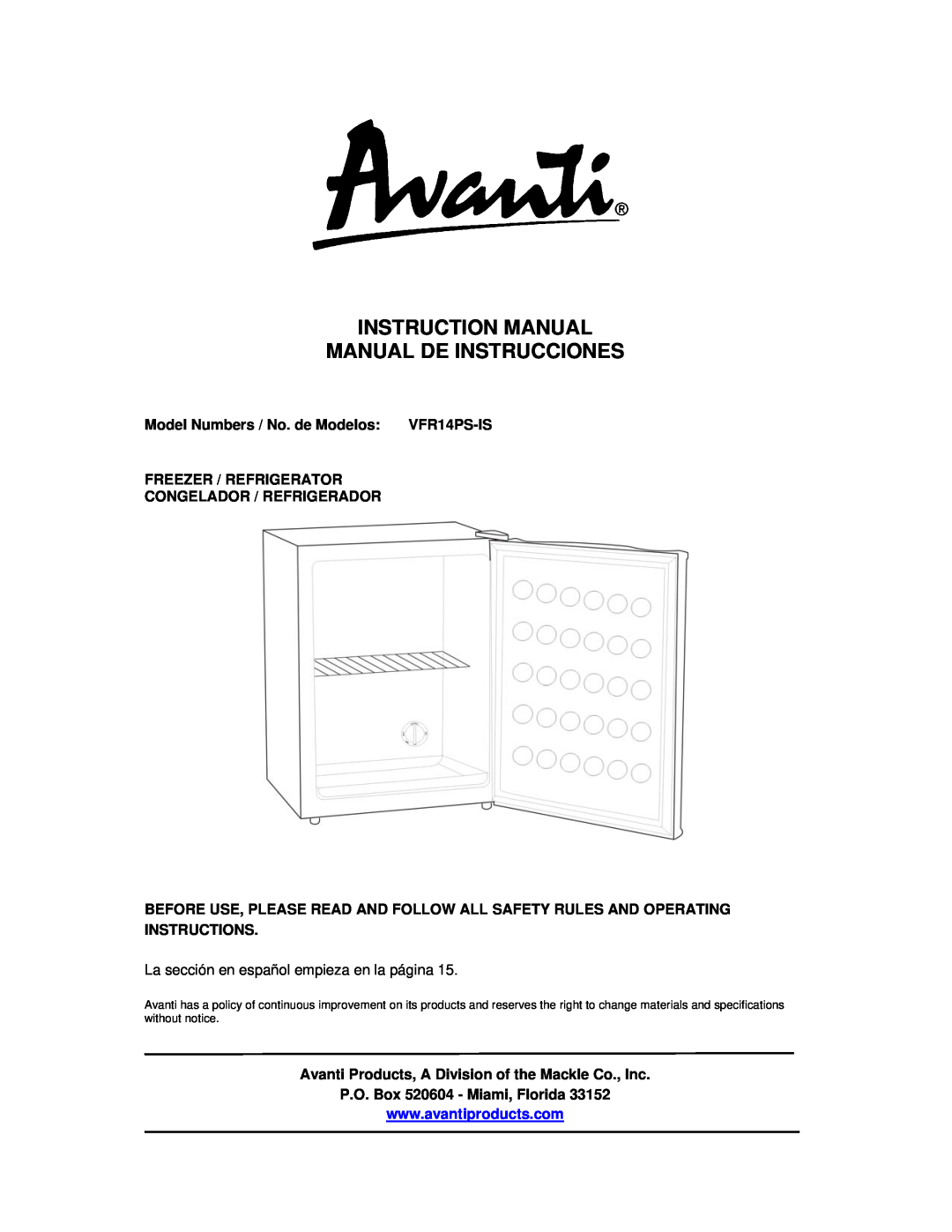 Avanti VFR14PS-IS instruction manual Model Numbers / No. de Modelos, Freezer / Refrigerator Congelador / Refrigerador 