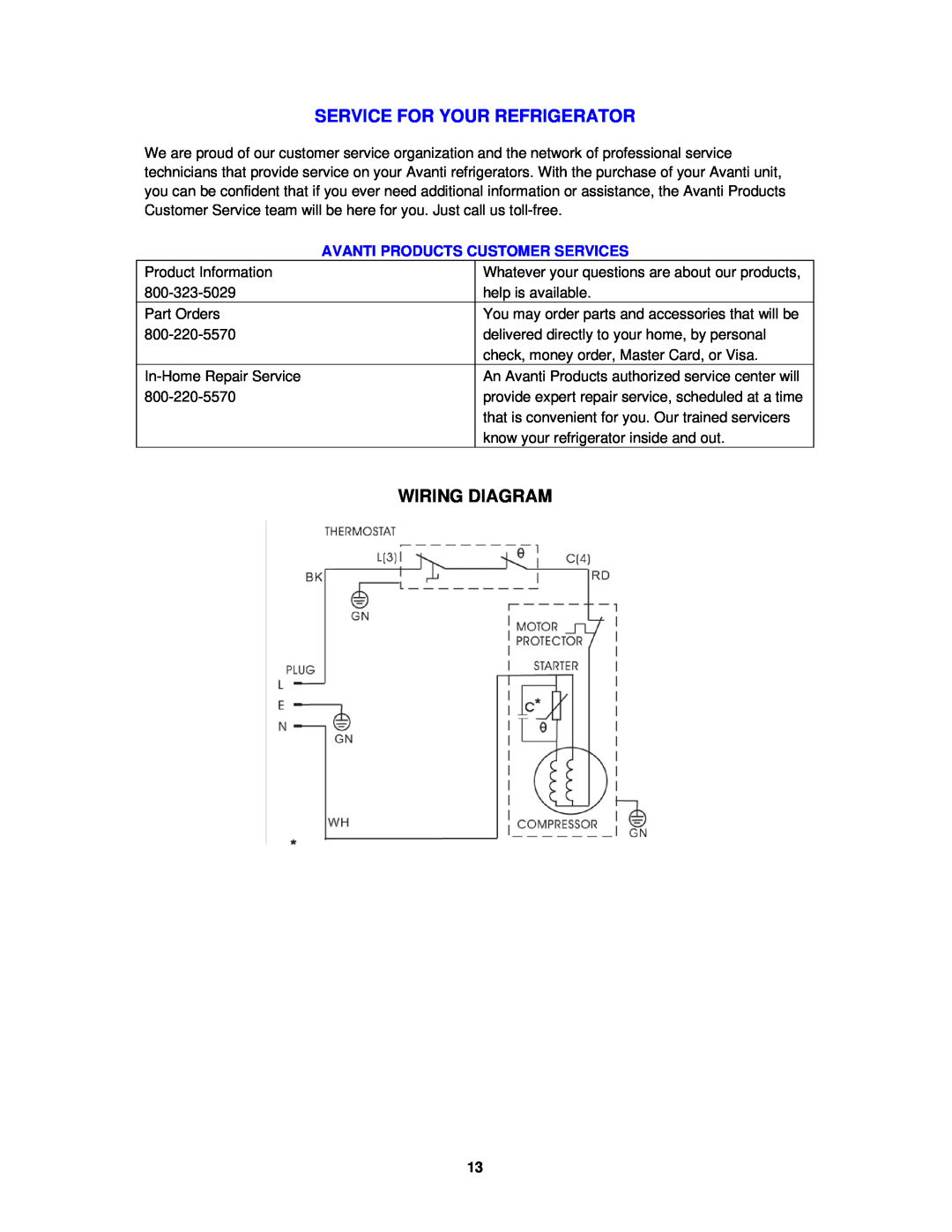 Avanti VFR14PS-IS instruction manual Service For Your Refrigerator, Wiring Diagram 