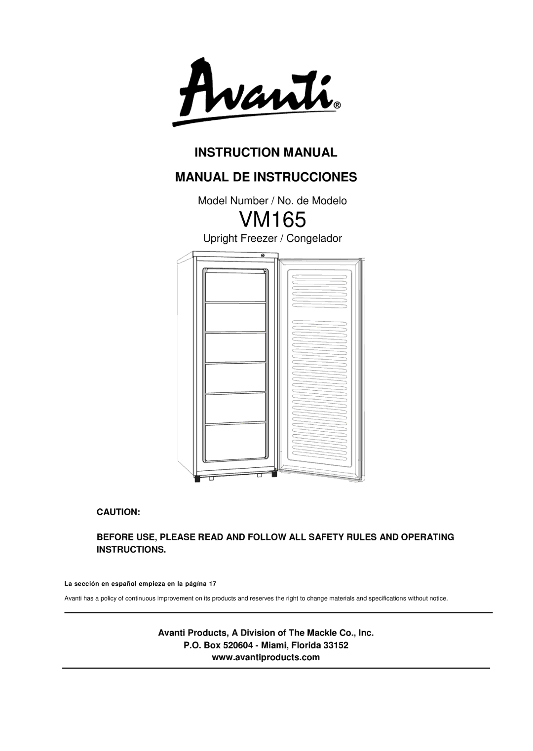 Avanti VM165 instruction manual 