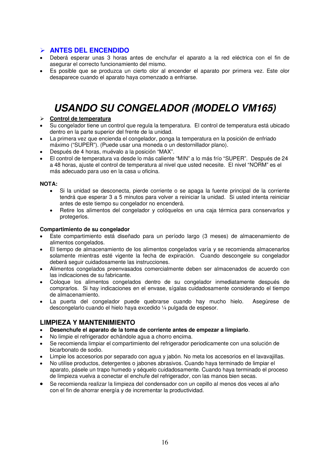 Avanti VM165 instruction manual  Antes DEL Encendido, Limpieza Y Mantenimiento,  Control de temperatura, Nota 