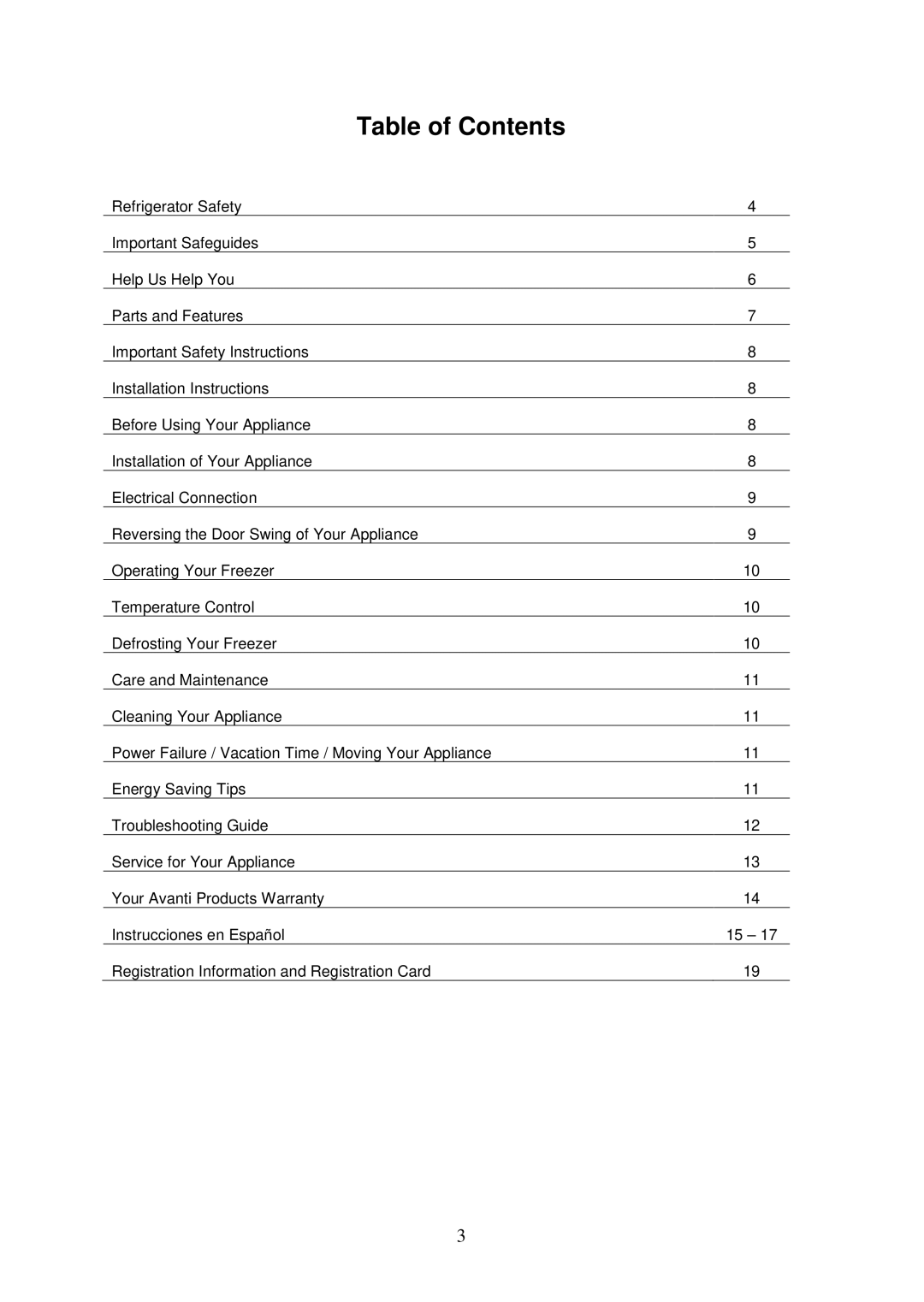 Avanti VM165 instruction manual Table of Contents 