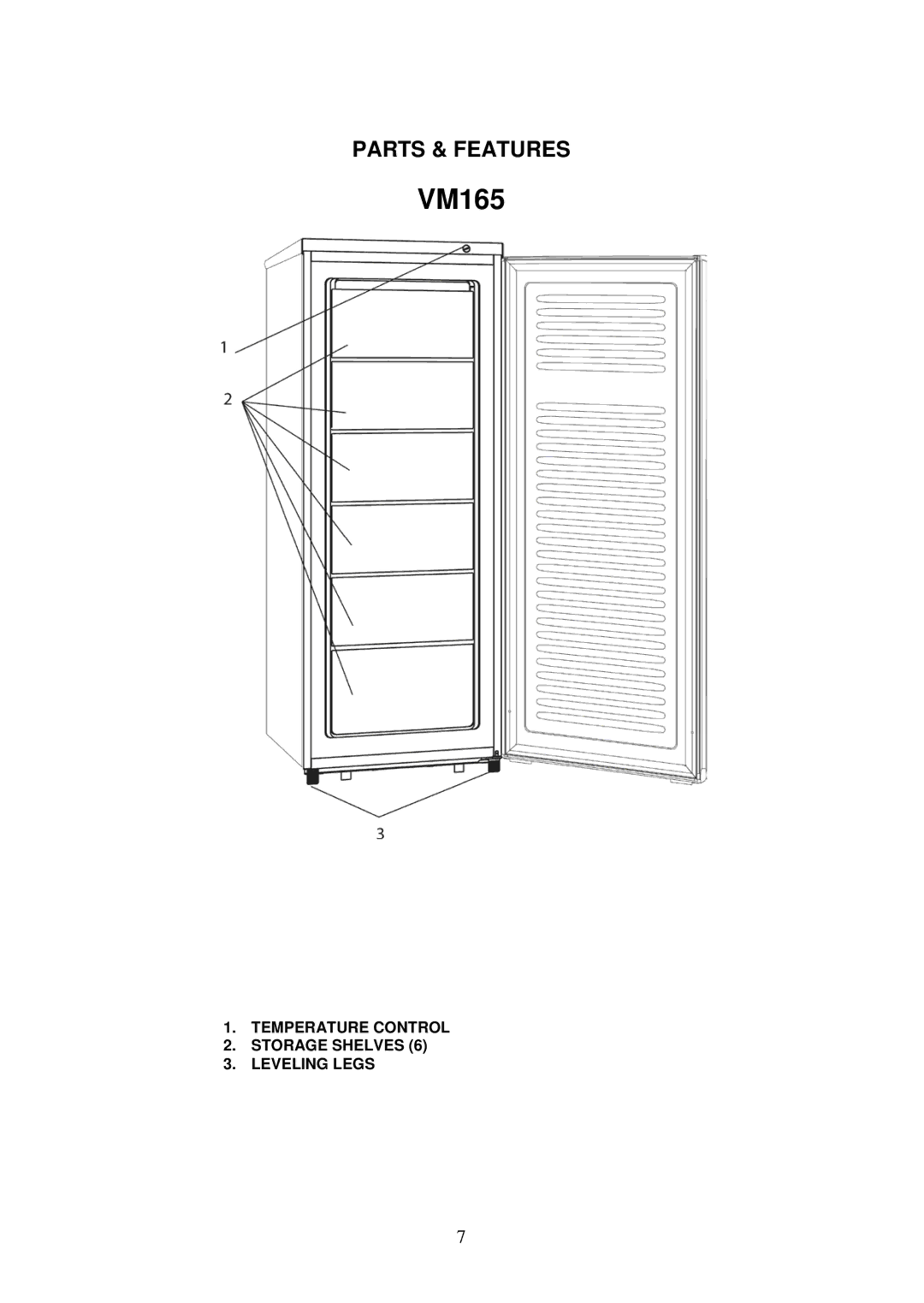 Avanti VM165 instruction manual Temperature Control Storage Shelves Leveling Legs 