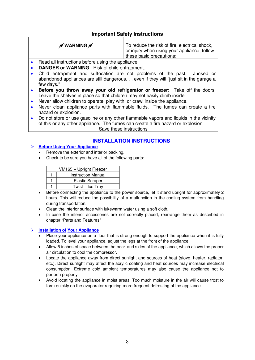 Avanti VM165 instruction manual Installation Instructions,  Before Using Your Appliance,  Installation of Your Appliance 