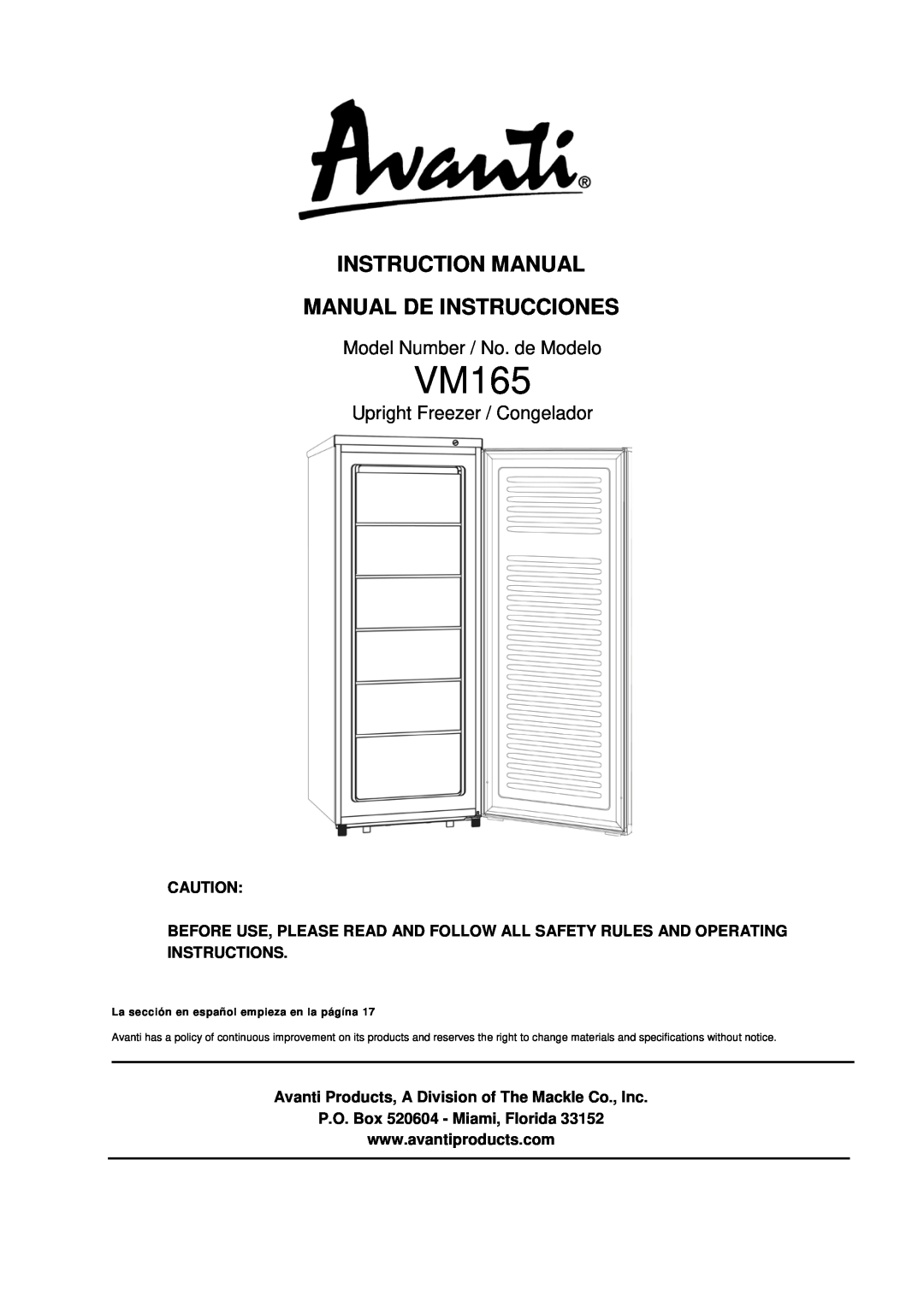 Avanti VM165 instruction manual Model Number / No. de Modelo, Upright Freezer / Congelador 