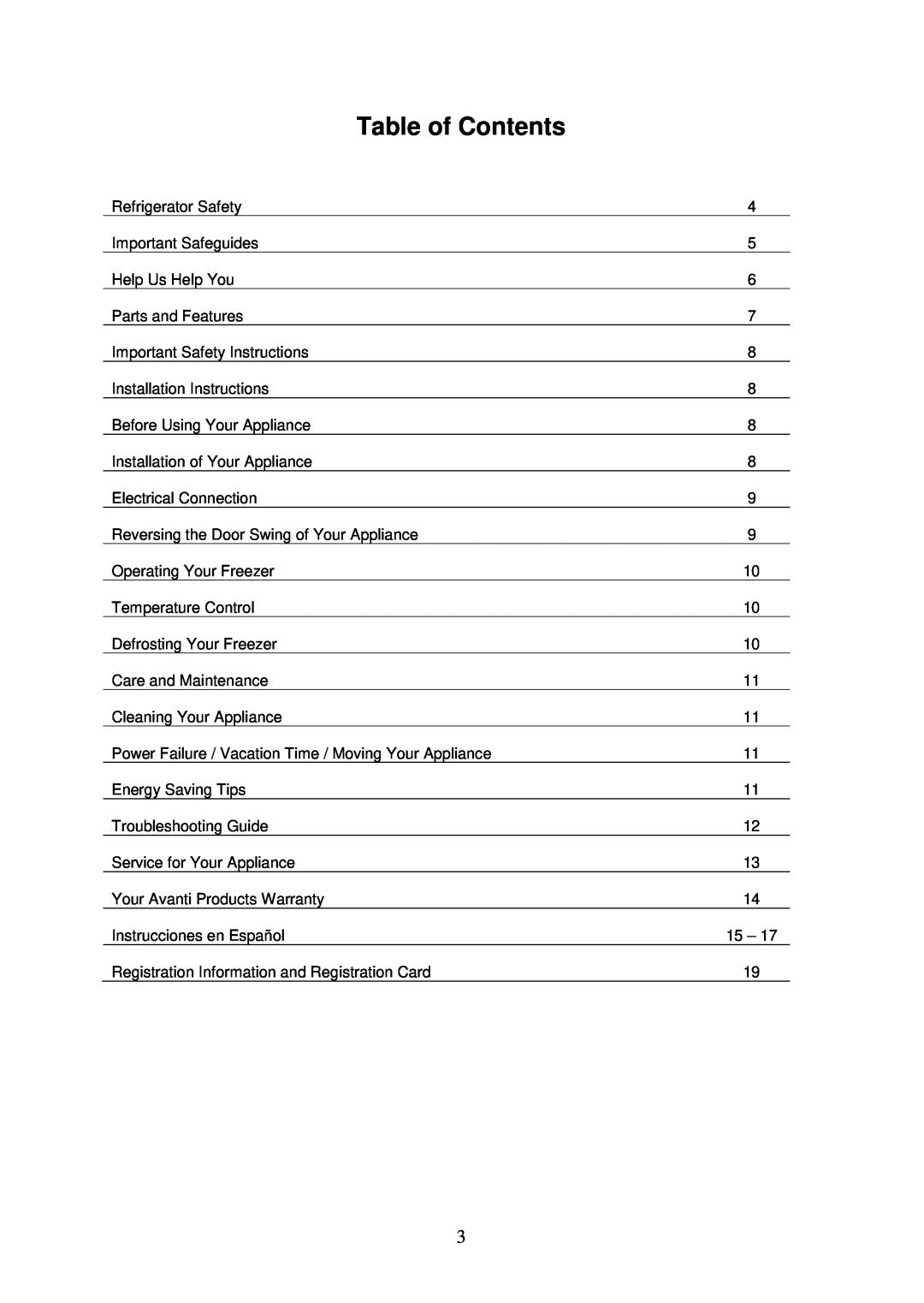 Avanti VM165 instruction manual Table of Contents 
