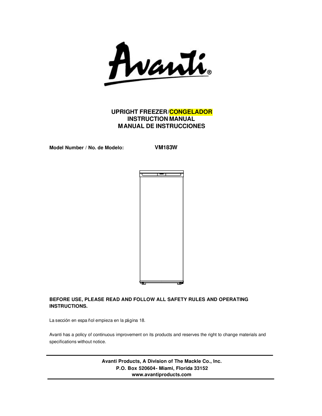 Avanti VM183W instruction manual Upright FREEZER/CONGELADOR Manual DE Instrucciones, Model Number / No. de Modelo 