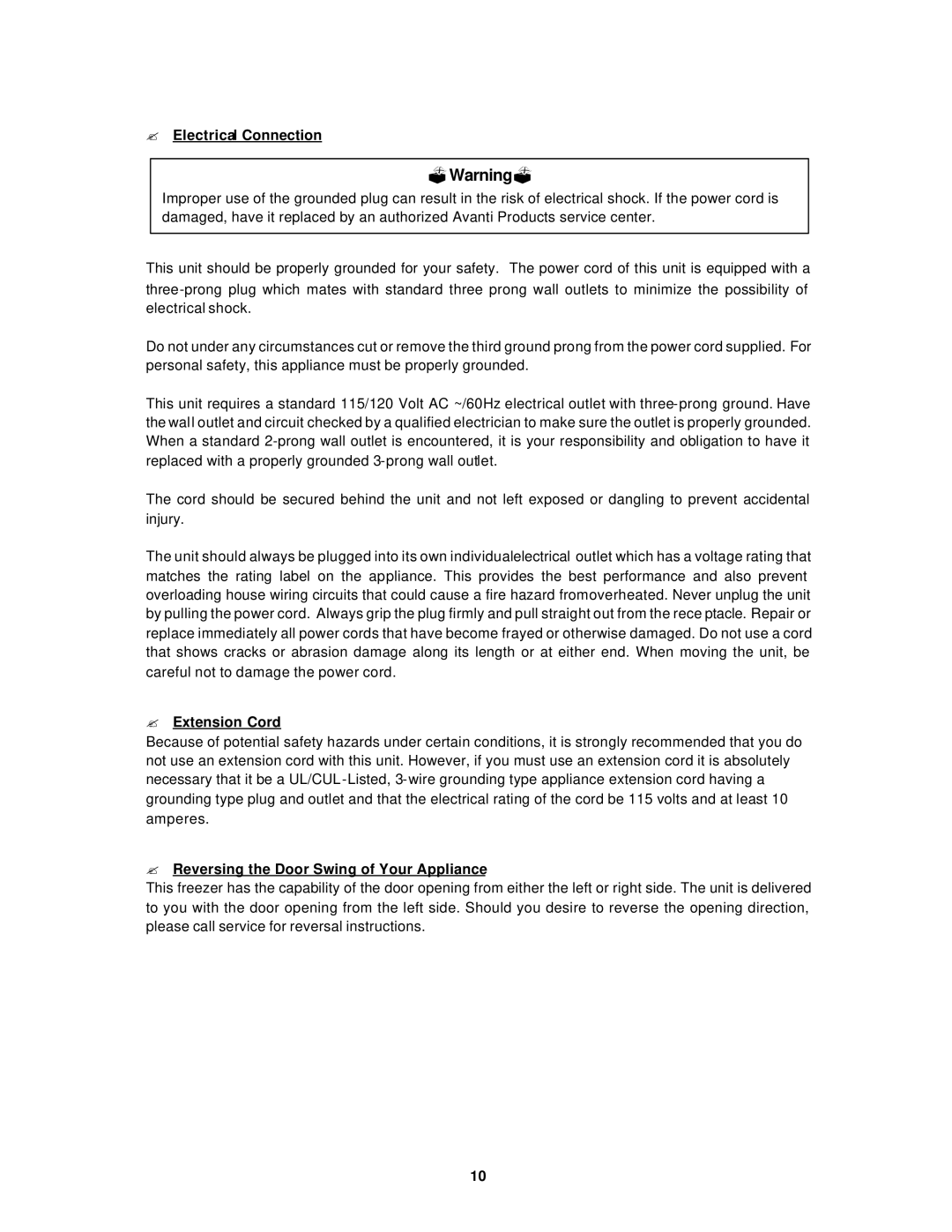 Avanti VM183W instruction manual ? Electrical Connection, ? Extension Cord, ? Reversing the Door Swing of Your Appliance 