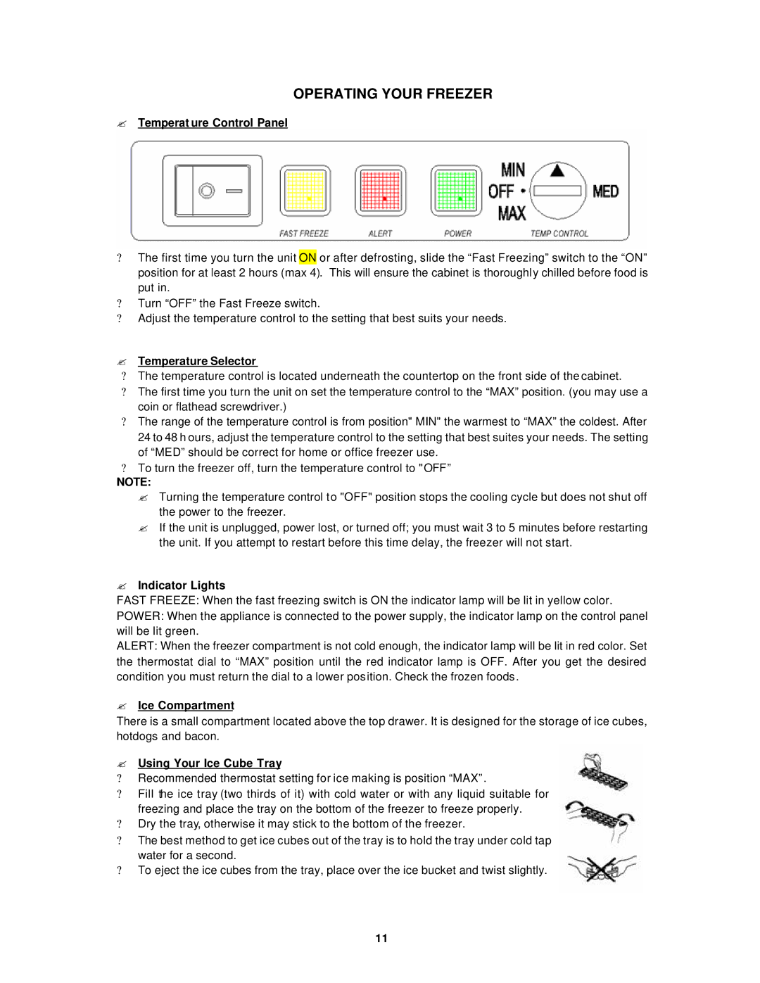 Avanti VM183W instruction manual Operating Your Freezer 