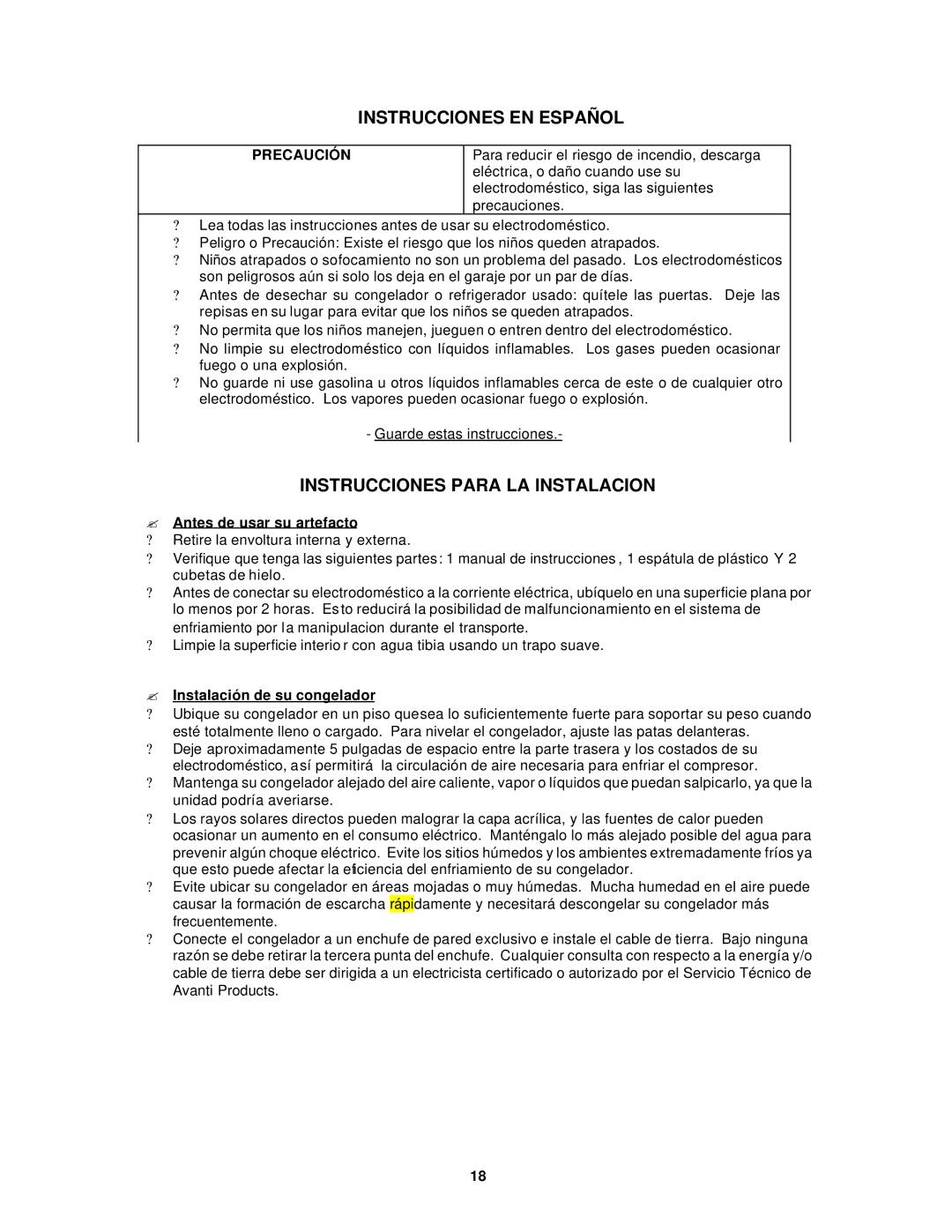 Avanti VM183W Instrucciones EN Español, Instrucciones Para LA Instalacion, Precaución, ? Antes de usar su artefacto 