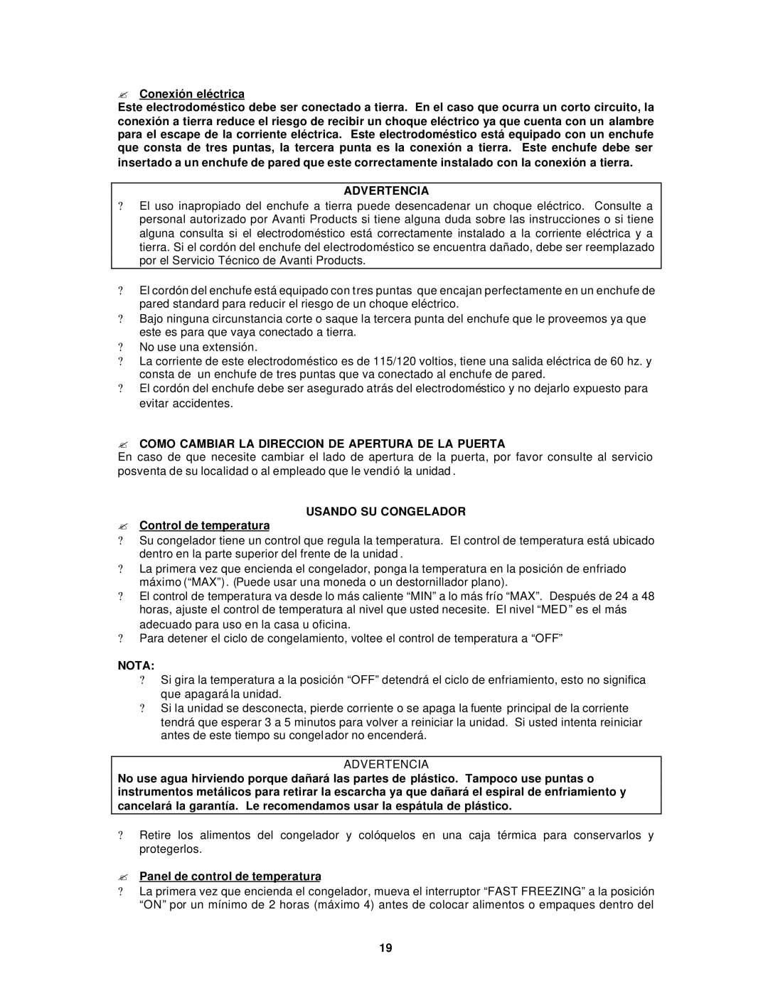 Avanti VM183W Advertencia, ? Como Cambiar LA Direccion DE Apertura DE LA Puerta, Usando SU Congelador, Nota 