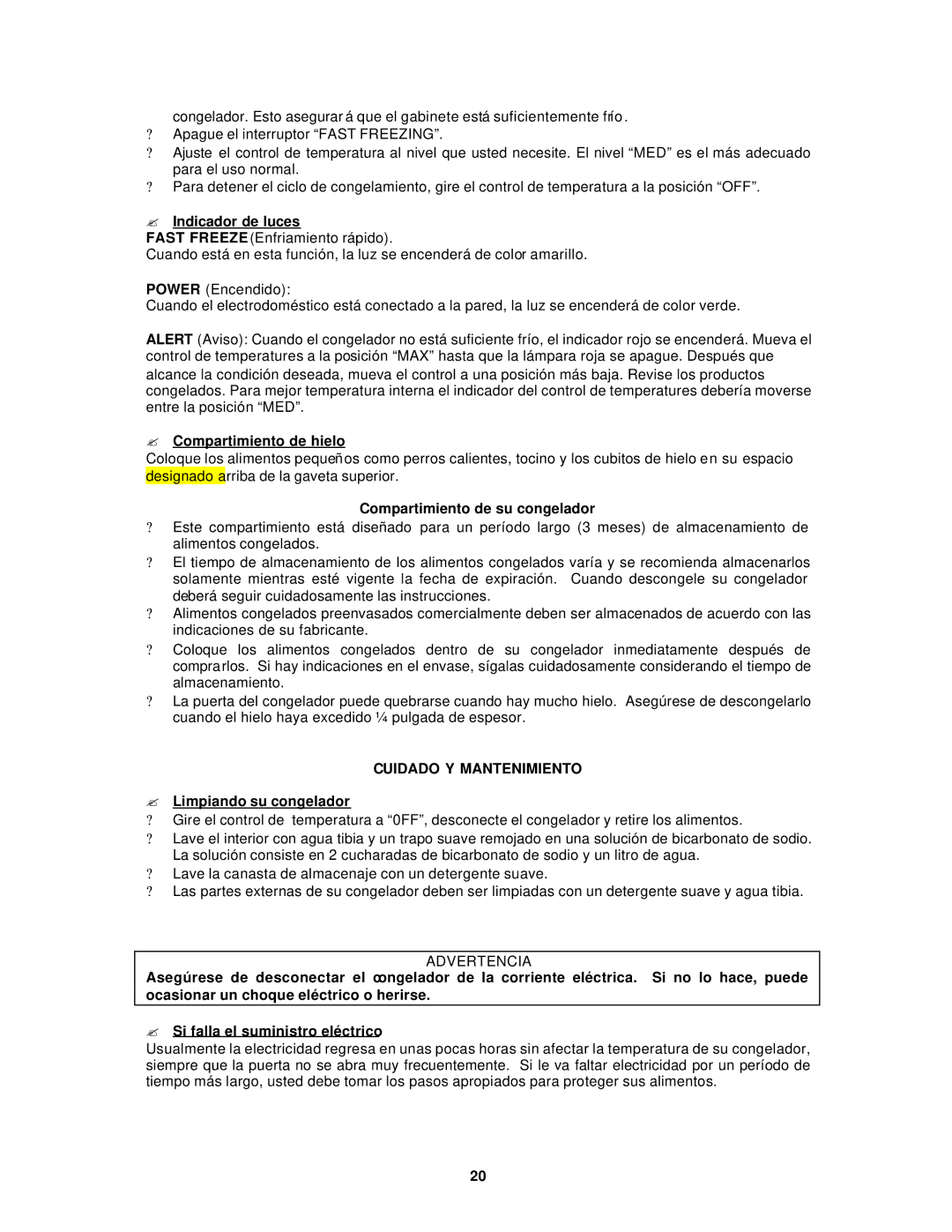 Avanti VM183W ? Indicador de luces, ? Compartimiento de hielo, Compartimiento de su congelador, Cuidado Y Mantenimiento 