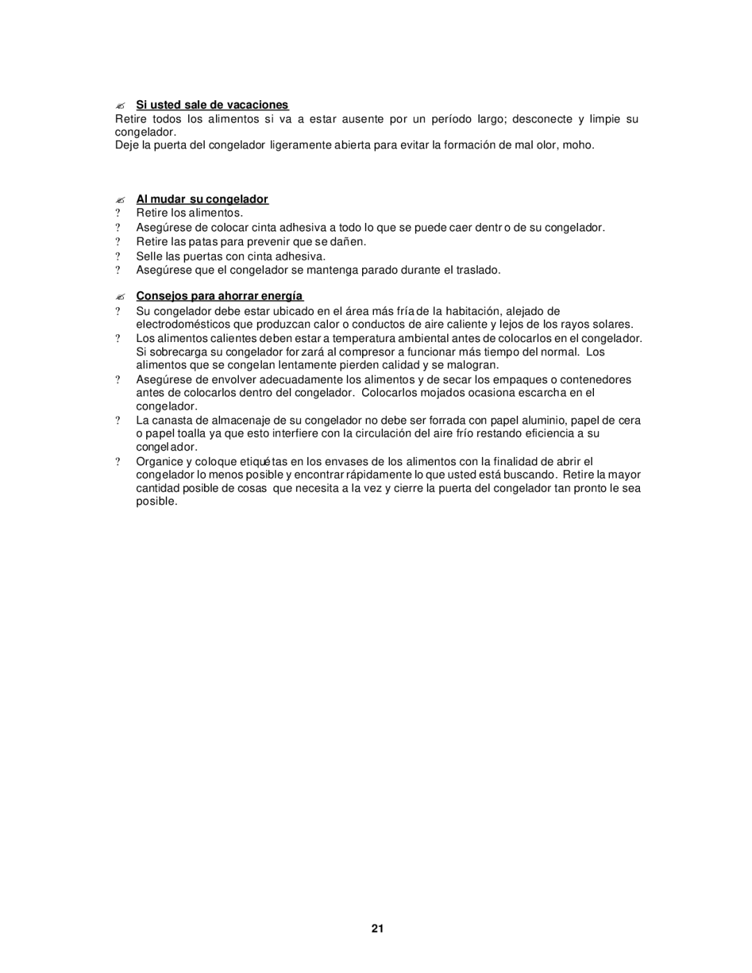 Avanti VM183W instruction manual ? Si usted sale de vacaciones, ? Al mudar su congelador, ? Consejos para ahorrar energía 