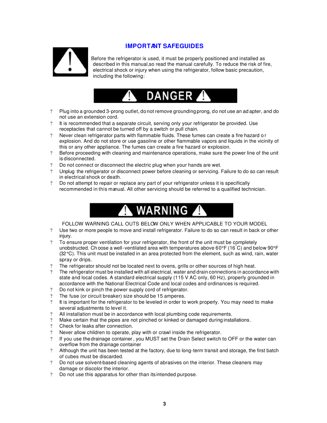 Avanti VM183W instruction manual Important Safeguides 