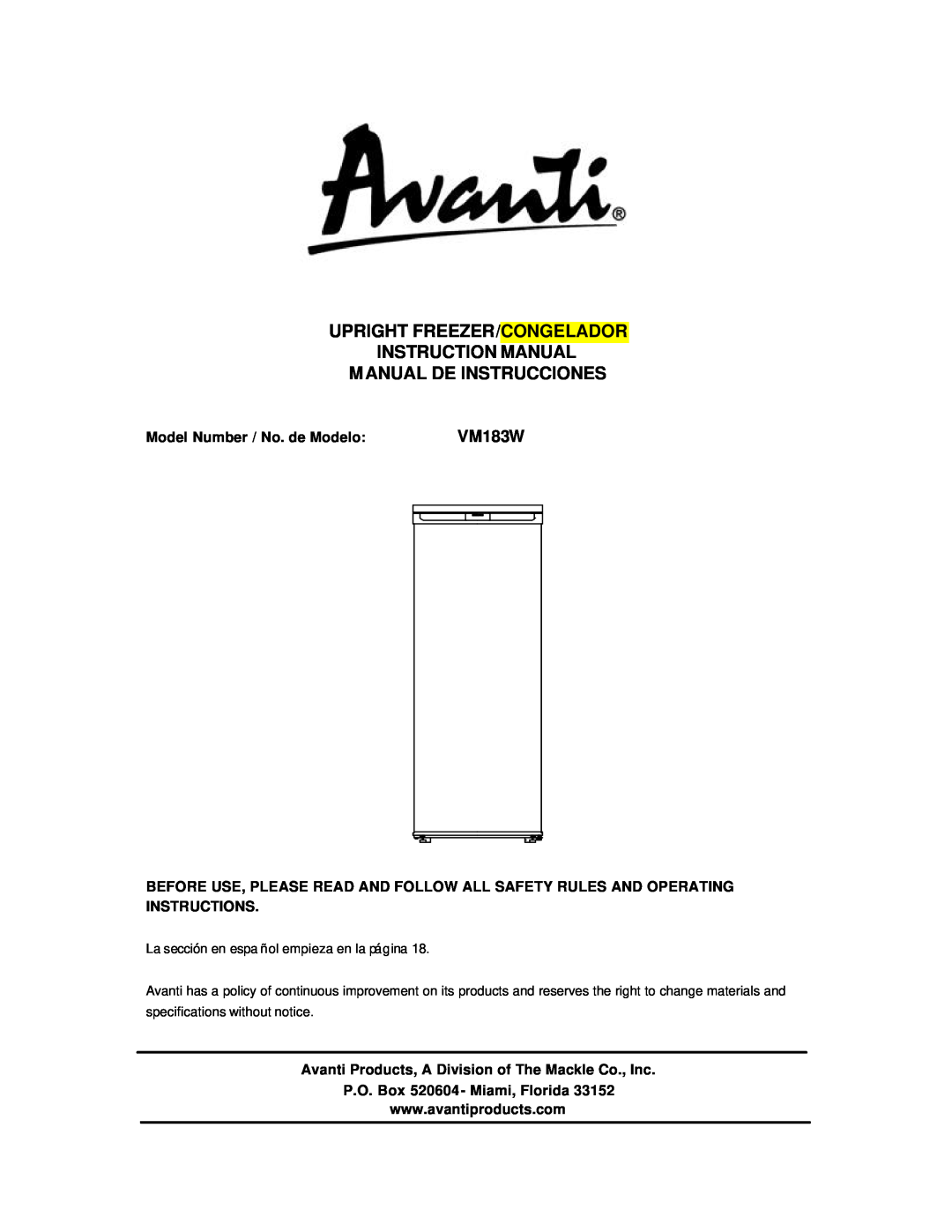 Avanti VM183W instruction manual Manual De Instrucciones, Model Number / No. de Modelo, P.O. Box 520604 - Miami, Florida 