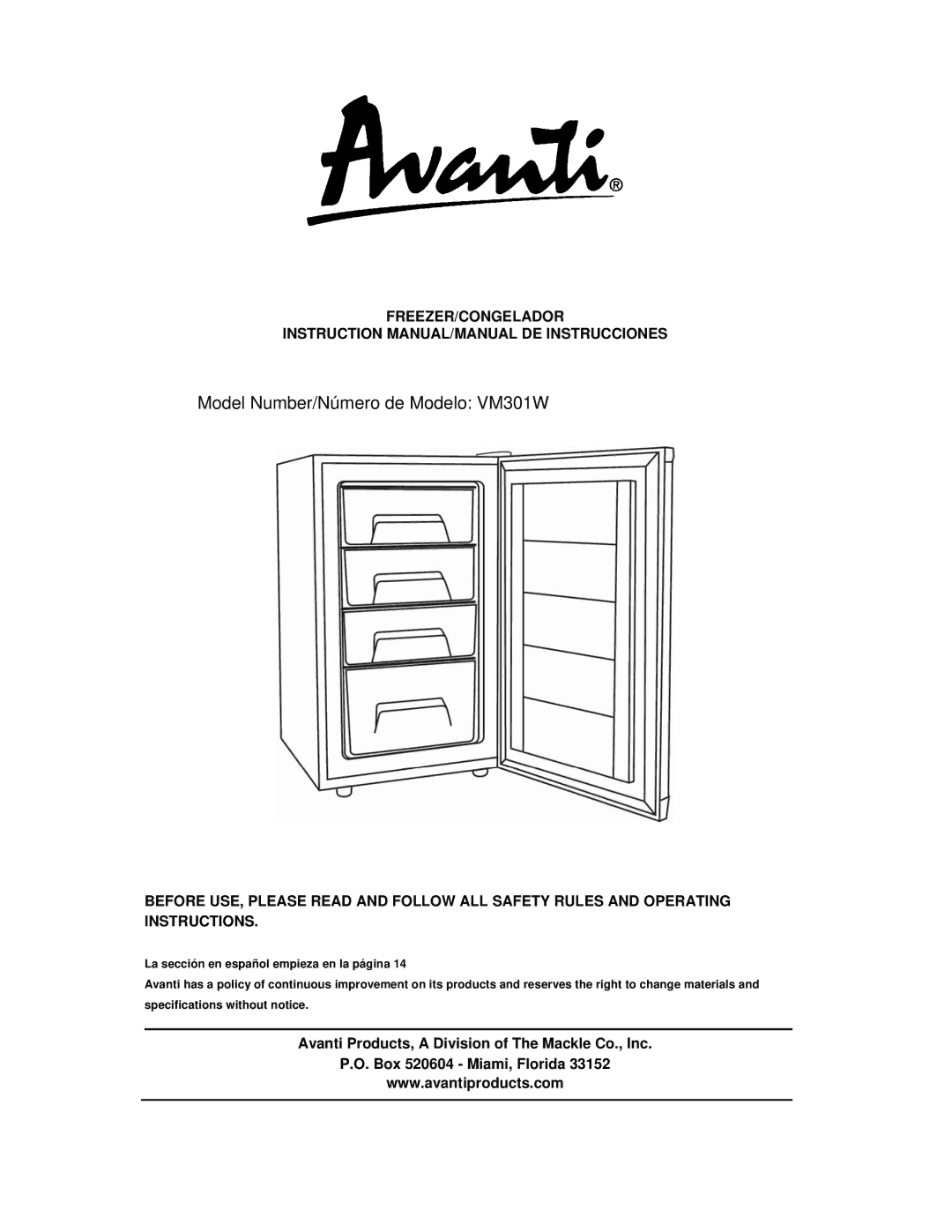 Avanti instruction manual Model Number/Número de Modelo VM301W, Freezer/Congelador 