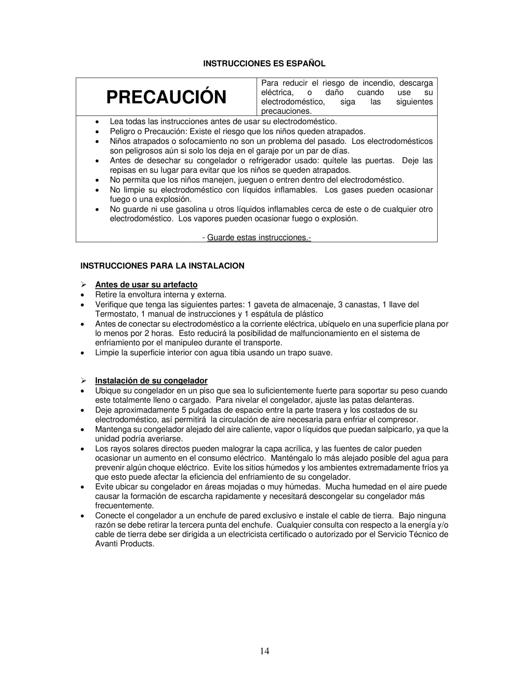 Avanti VM301W instruction manual Instrucciones ES Español, Instrucciones Para LA Instalacion, ¾ Antes de usar su artefacto 