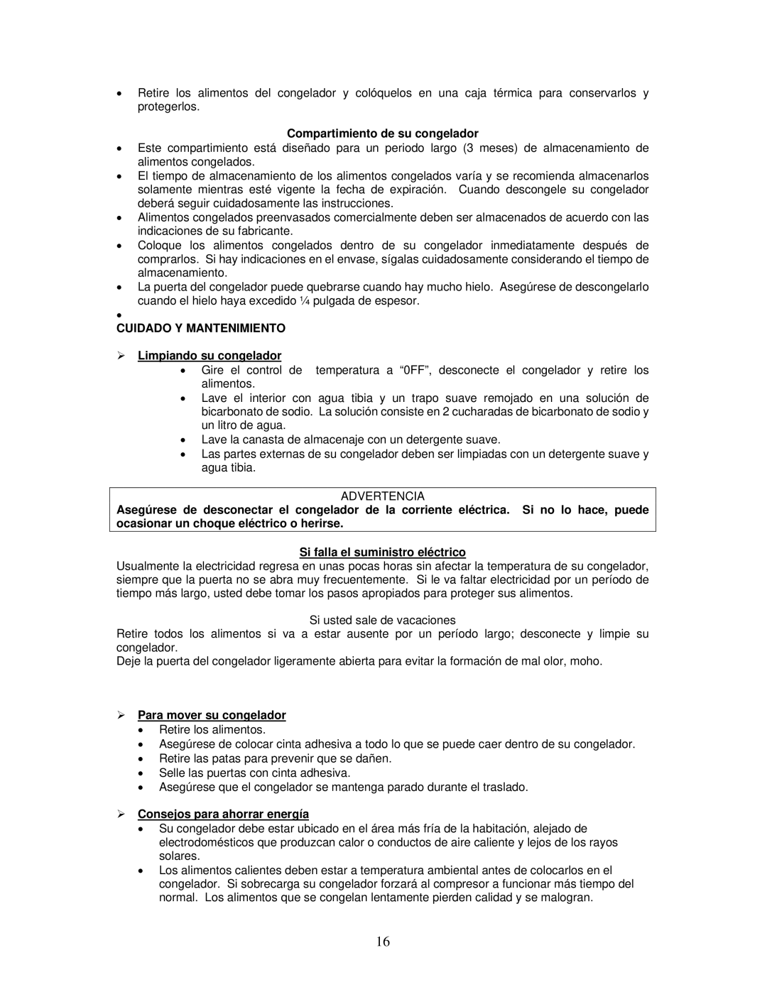 Avanti VM301W instruction manual Compartimiento de su congelador, Cuidado Y Mantenimiento, ¾ Limpiando su congelador 