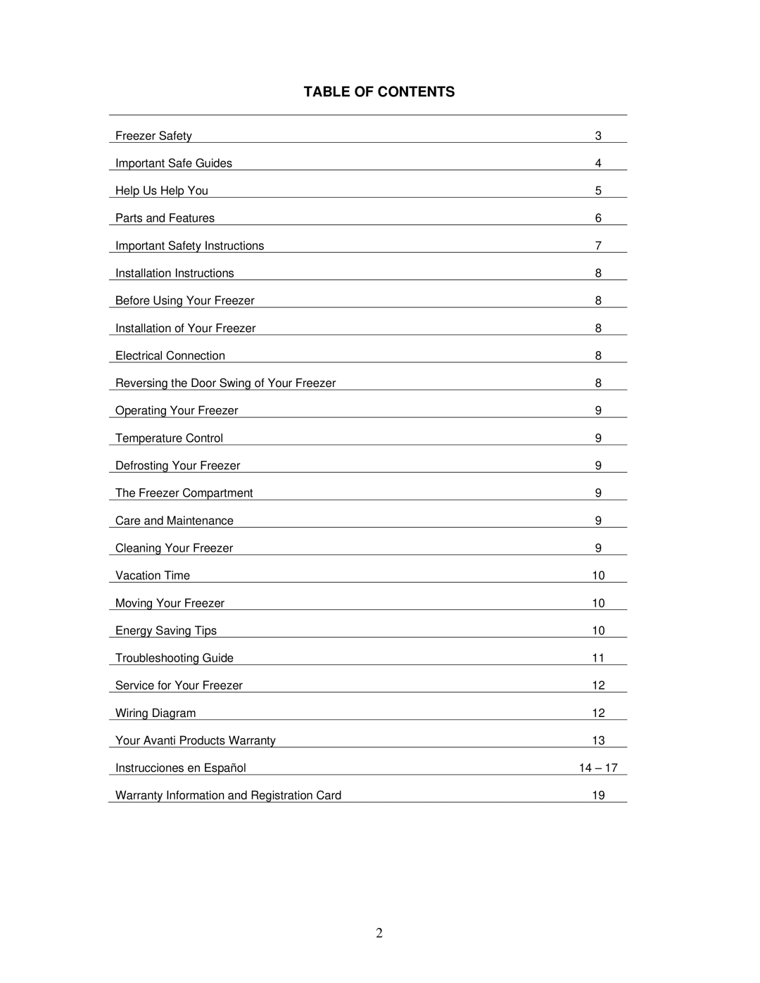 Avanti VM301W instruction manual Table of Contents 