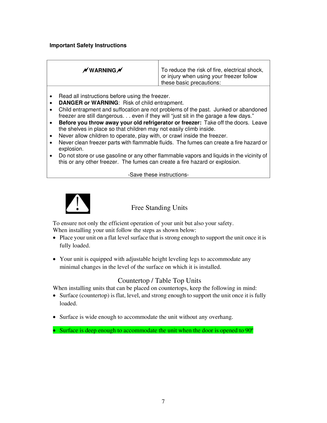 Avanti VM301W instruction manual Free Standing Units 