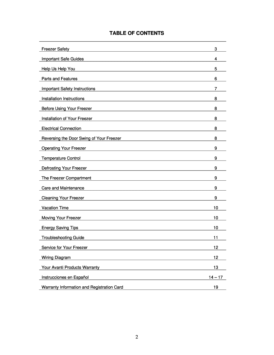 Avanti VM301W instruction manual Table Of Contents 