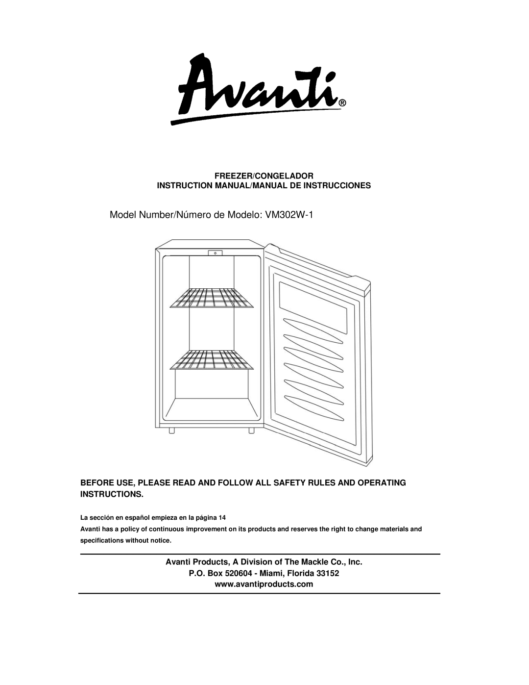 Avanti instruction manual Model Number/Número de Modelo VM302W-1, Freezer/Congelador 