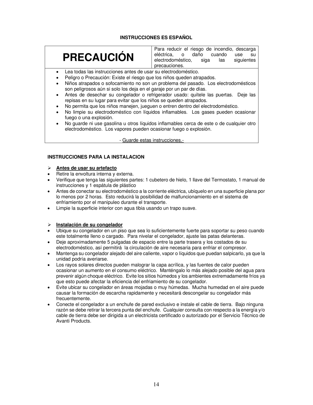 Avanti VM302W-1 Instrucciones ES Español, Instrucciones Para LA Instalacion,  Antes de usar su artefacto 