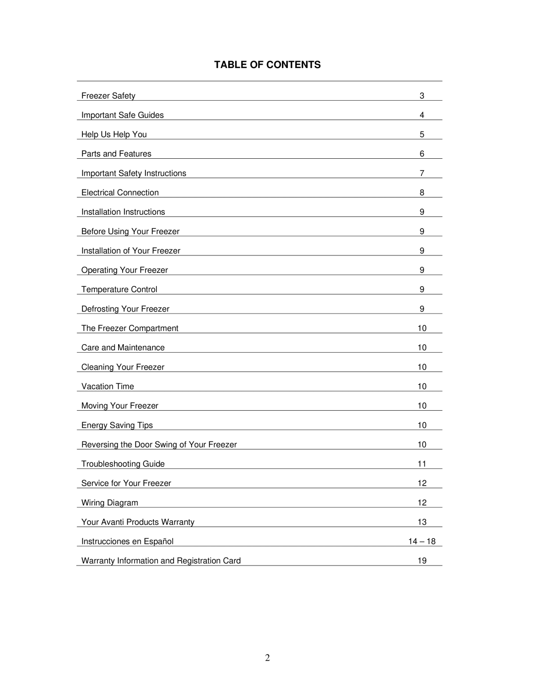 Avanti VM302W-1 instruction manual Table of Contents 