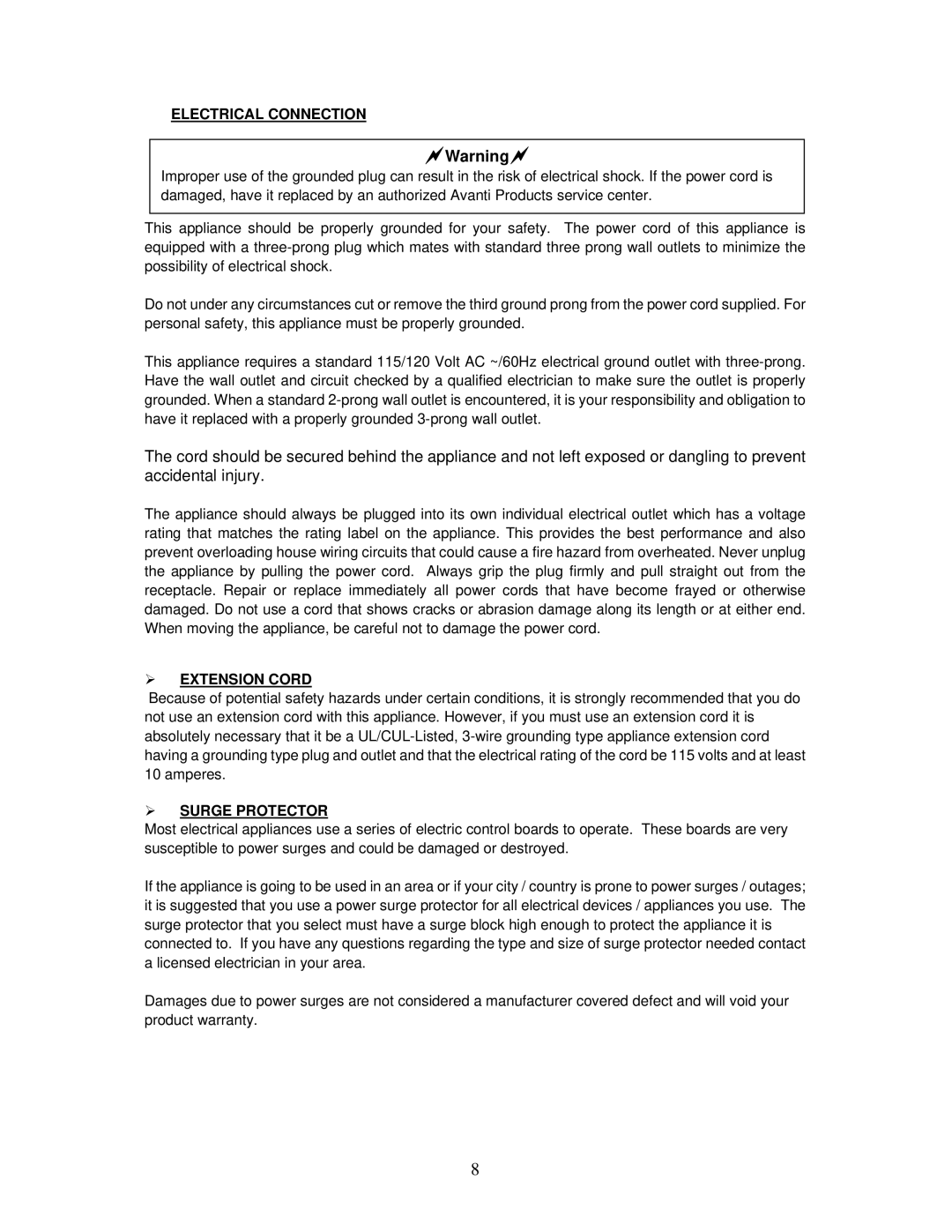 Avanti VM302W-1 instruction manual Electrical Connection,  Extension Cord,  Surge Protector 