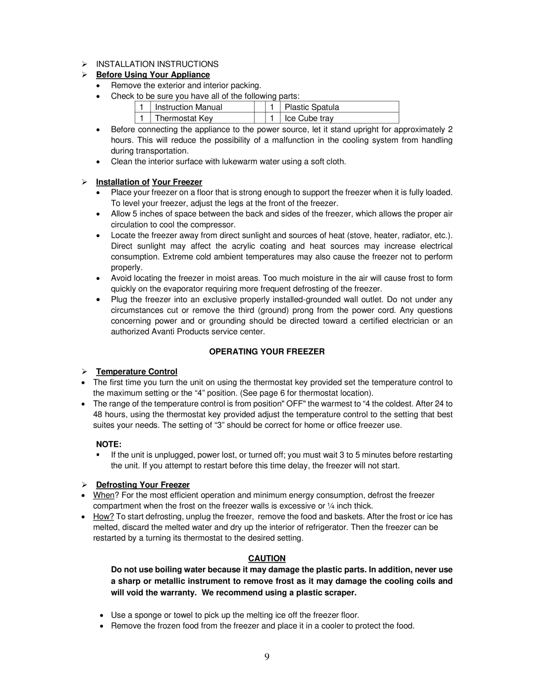 Avanti VM302W-1 instruction manual  Before Using Your Appliance,  Installation of Your Freezer, Operating Your Freezer 