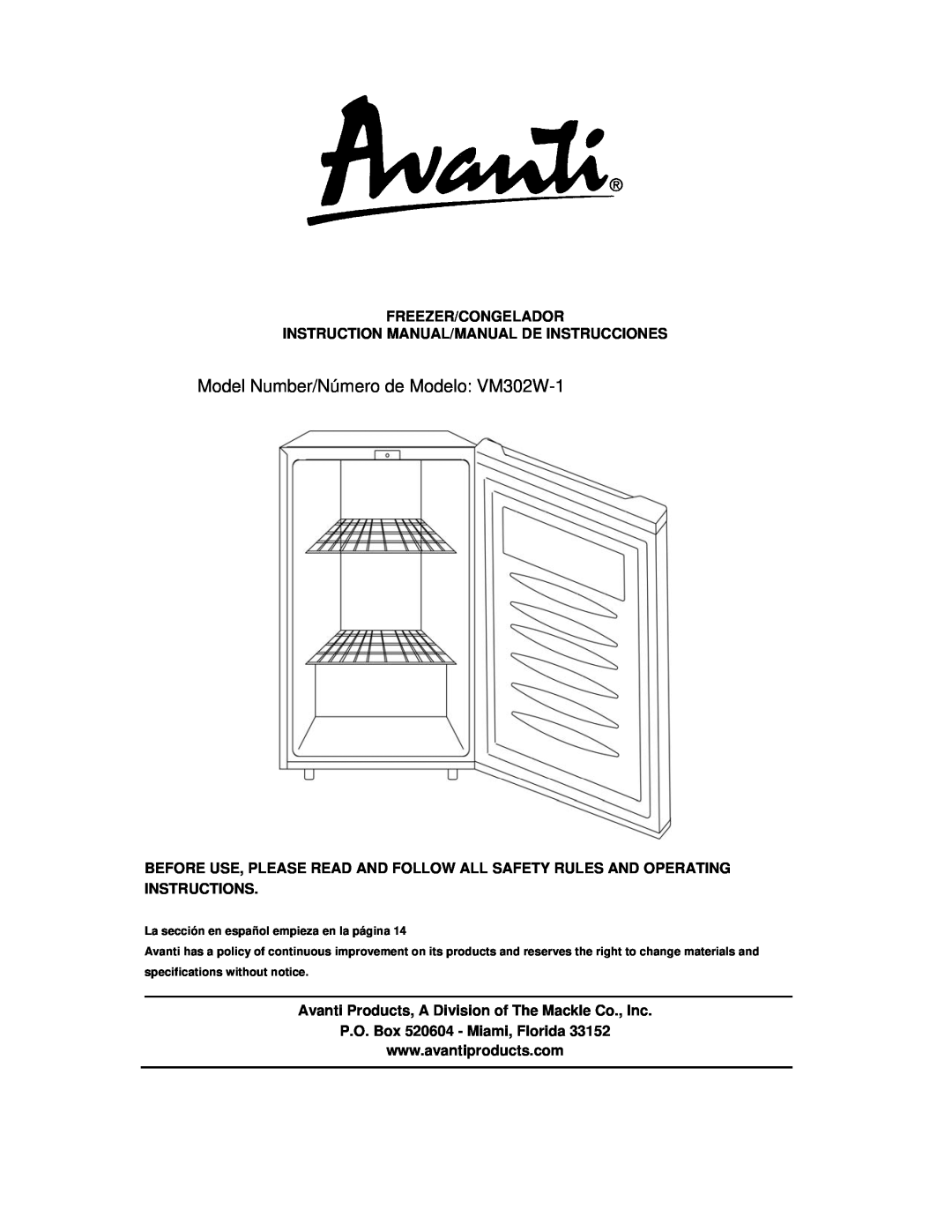 Avanti instruction manual Model Number/Número de Modelo VM302W-1, Freezer/Congelador, P.O. Box 520604 - Miami, Florida 