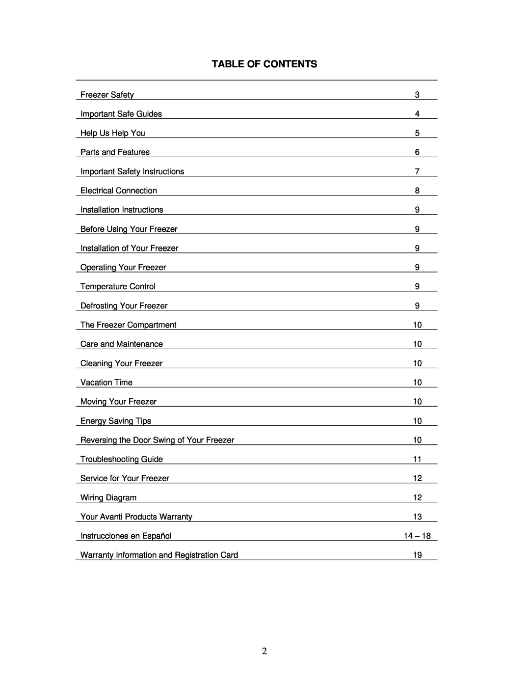 Avanti VM302W-1 instruction manual Table Of Contents 