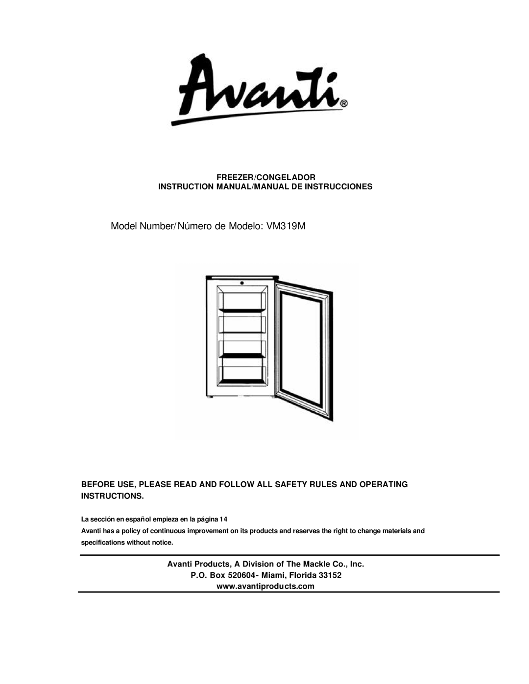 Avanti VM319W instruction manual Model Number/ Número de Modelo VM319M, Freezer/Congelador 