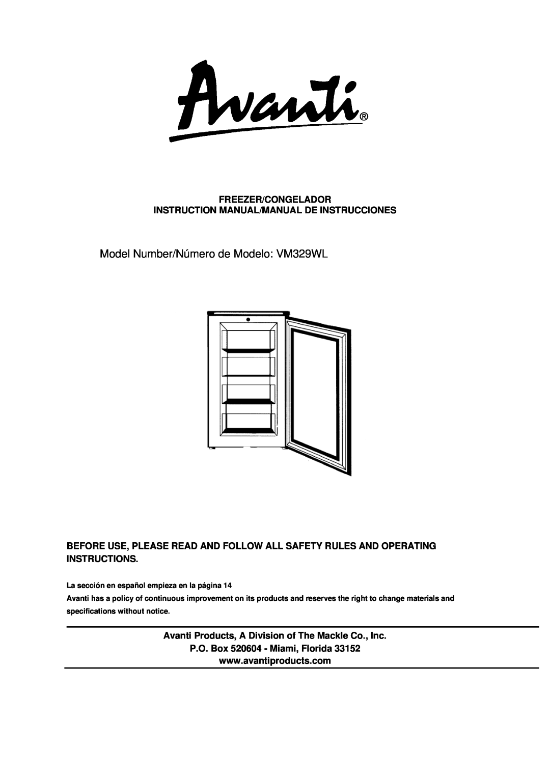 Avanti instruction manual Model Number/Número de Modelo VM329WL, Freezer/Congelador, P.O. Box 520604 - Miami, Florida 