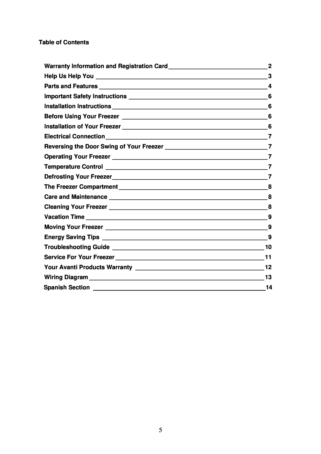Avanti VM329WL instruction manual Table of Contents 