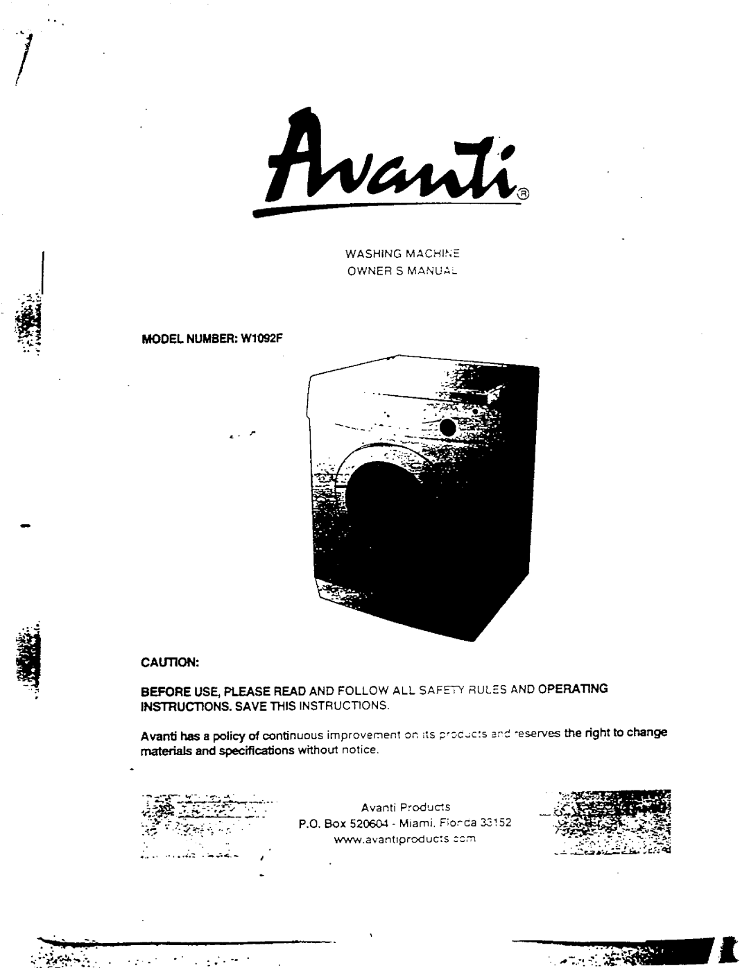 Avanti W1092F manual 