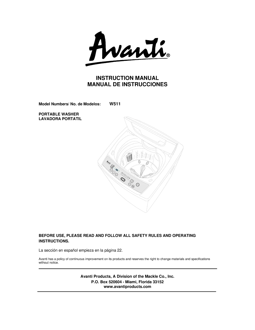 Avanti W511 instruction manual Manual DE Instrucciones 