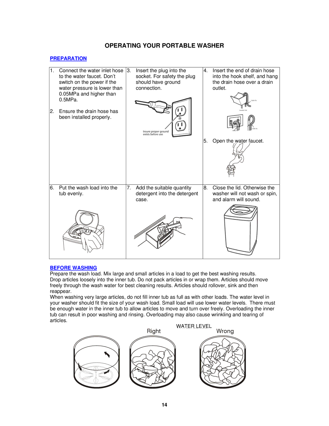 Avanti W511 instruction manual Operating Your Portable Washer, Preparation, Before Washing 