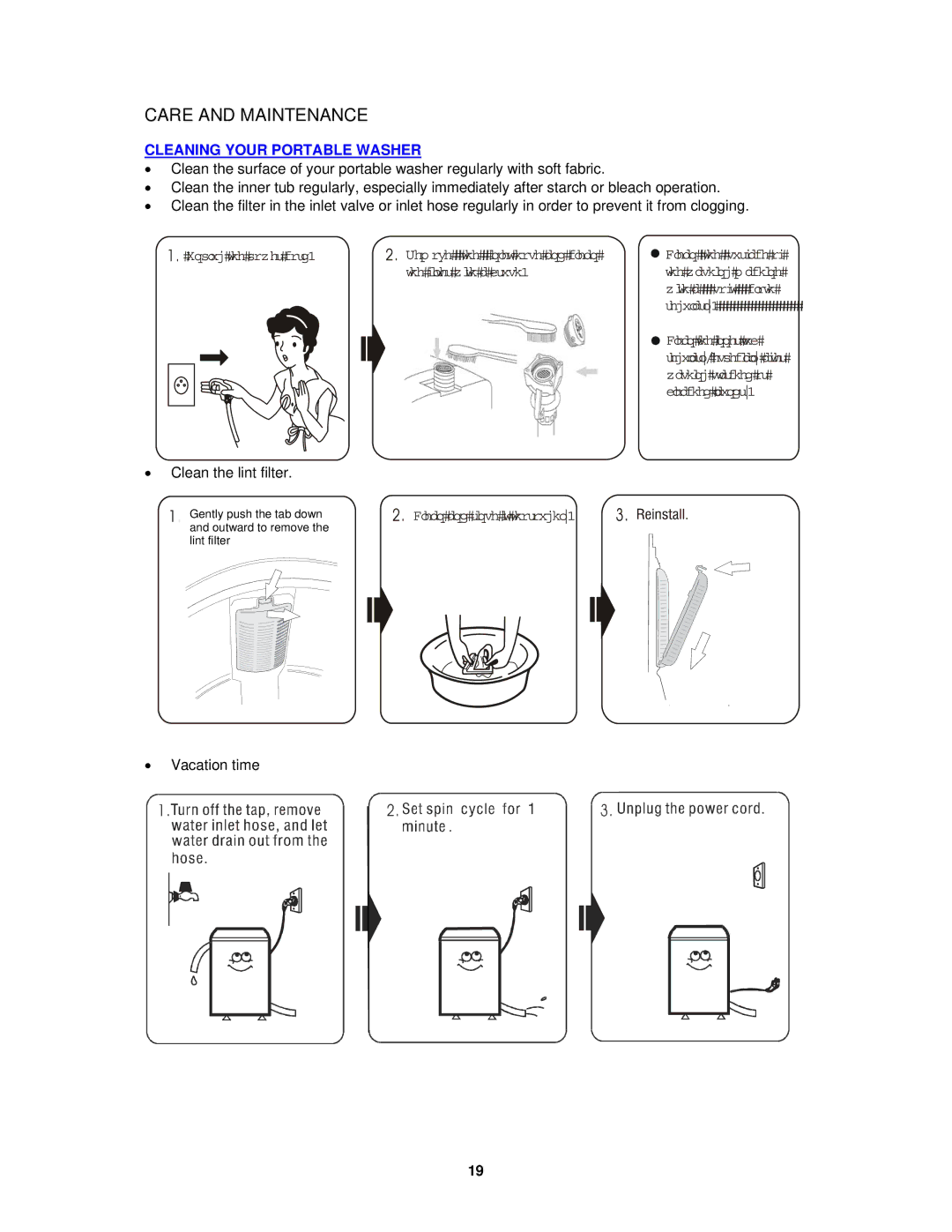 Avanti W511 instruction manual Care and Maintenance, Cleaning Your Portable Washer 