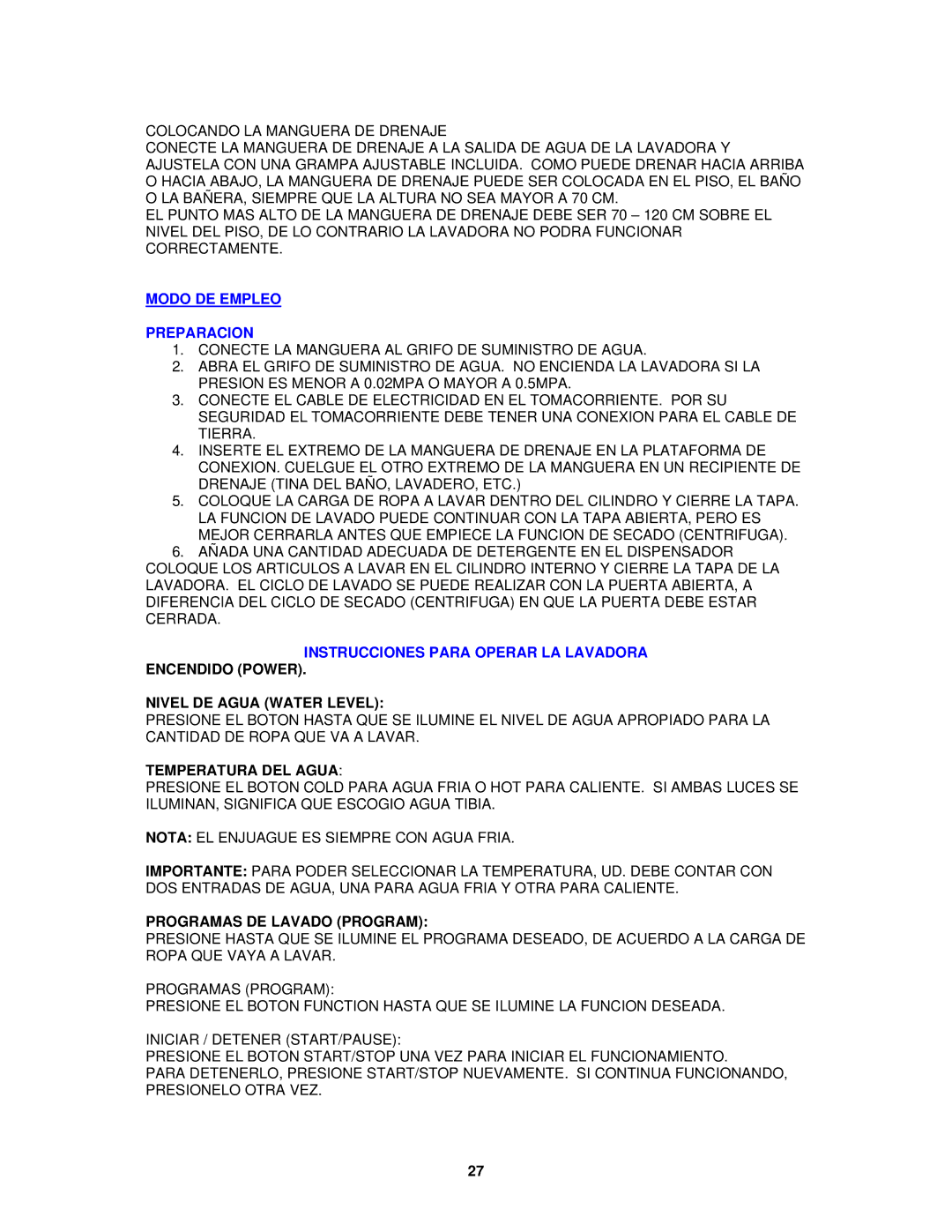 Avanti W511 Modo DE Empleo Preparacion, Instrucciones Para Operar LA Lavadora Encendido Power, Nivel DE Agua Water Level 