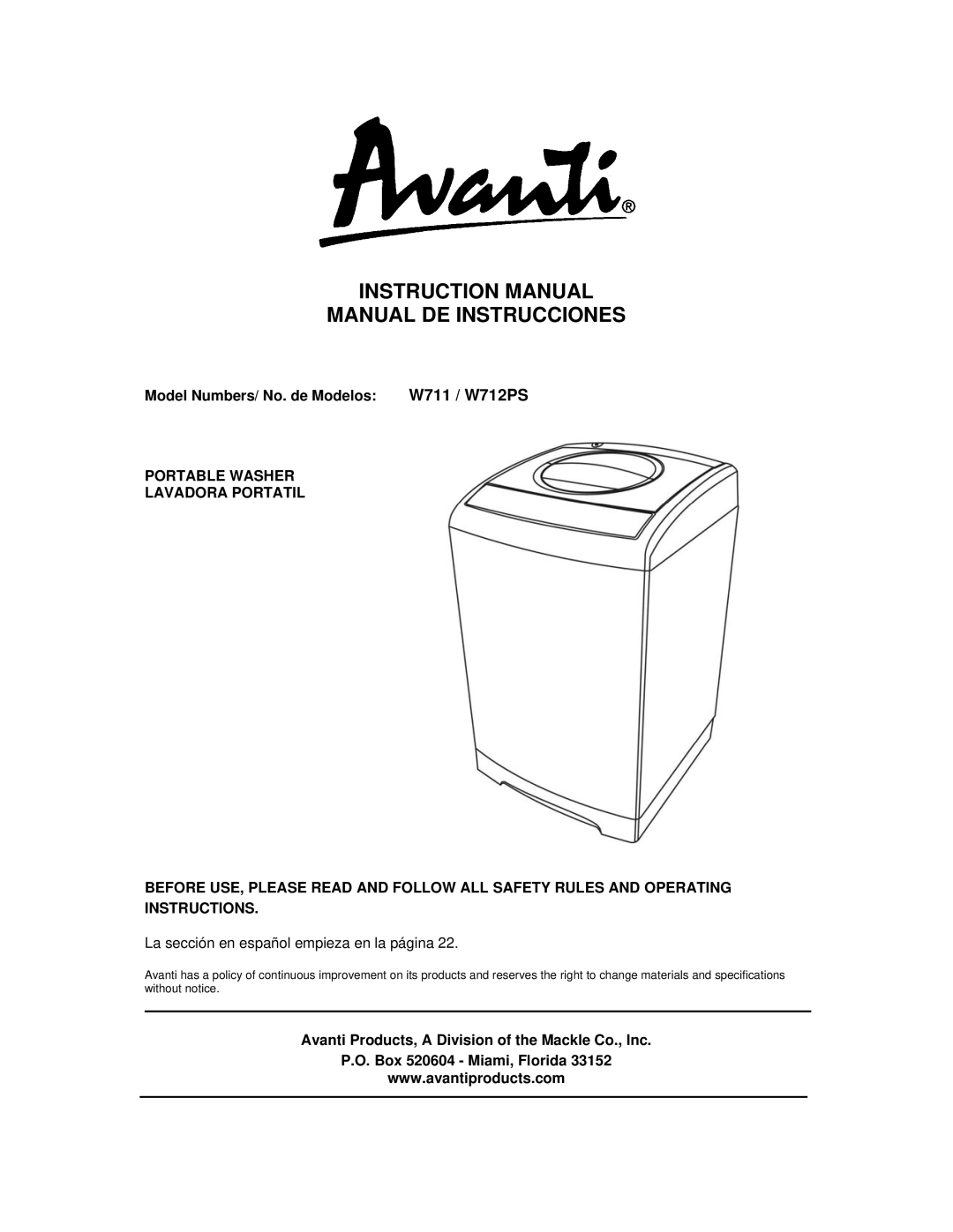 Avanti W712PS, W711 instruction manual Manual DE Instrucciones 