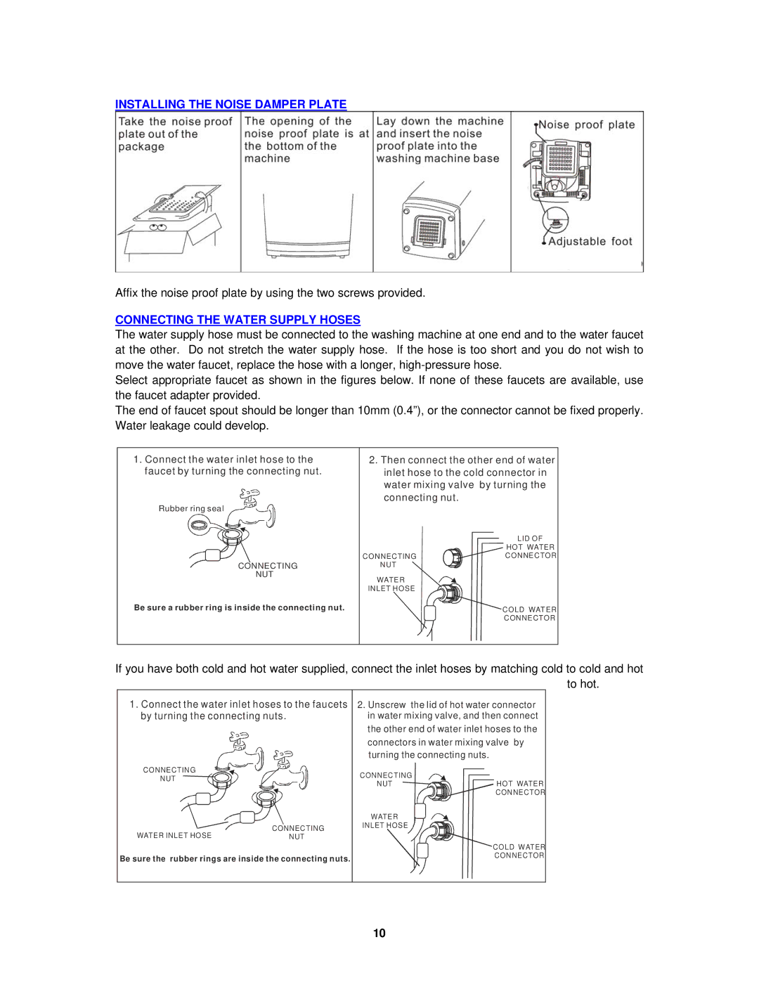 Avanti W711, W712PS instruction manual Installing the Noise Damper Plate, Connecting the Water Supply Hoses 