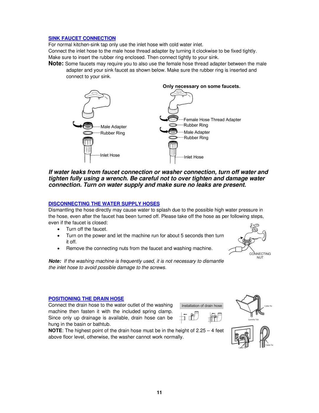 Avanti W712PS, W711 Sink Faucet Connection, Disconnecting the Water Supply Hoses, Positioning the Drain Hose 