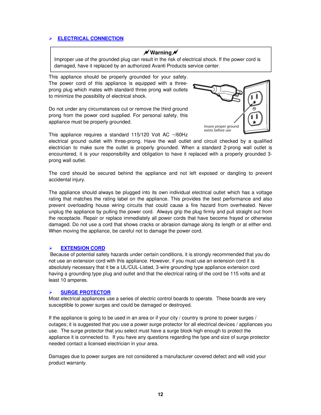 Avanti W711, W712PS instruction manual  Electrical Connection,  Extension Cord,  Surge Protector 