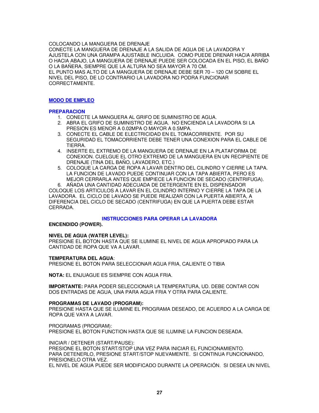 Avanti W712PS, W711 instruction manual Modo DE Empleo Preparacion, Instrucciones Para Operar LA Lavadora Encendido Power 